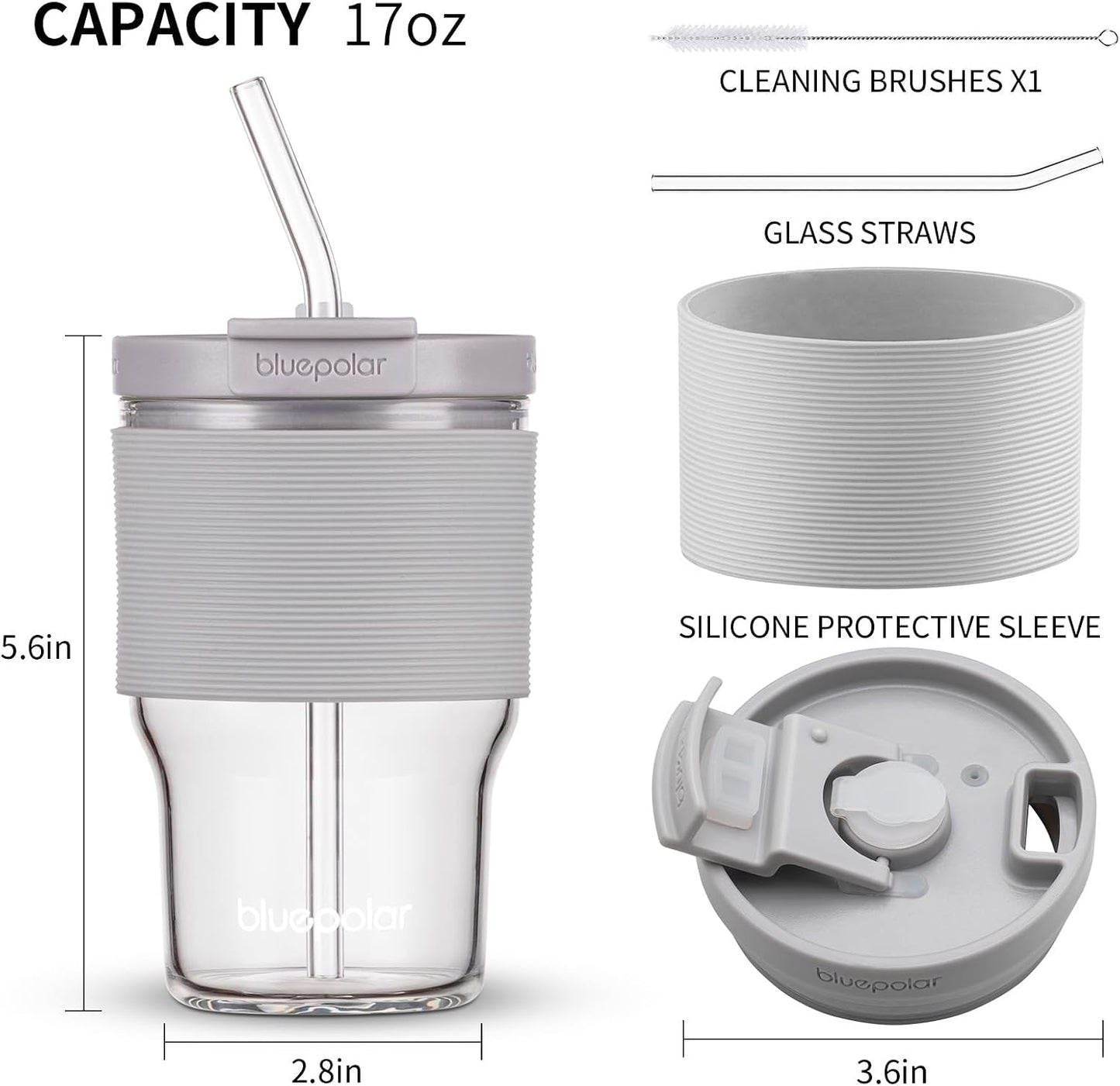 16oz/480ml Iced Coffee Cups With Lids And Straws,Reusable Leakproof Glass Tumbler,Water Bottles,Cold Brew,Drinking Jars For Juicing,Matcha,Tea,Smoothie For Travel,Office (Off-White)