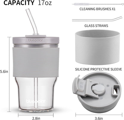 16oz/480ml Iced Coffee Cups With Lids And Straws,Reusable Leakproof Glass Tumbler,Water Bottles,Cold Brew,Drinking Jars For Juicing,Matcha,Tea,Smoothie For Travel,Office (Off-White)