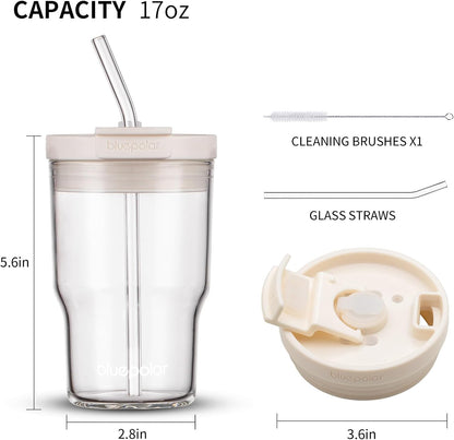 16oz/480ml Iced Coffee Cups With Lids And Straws,Reusable Leakproof Glass Tumbler,Water Bottles,Cold Brew,Drinking Jars For Juicing,Matcha,Tea,Smoothie For Travel,Office (Off-White)
