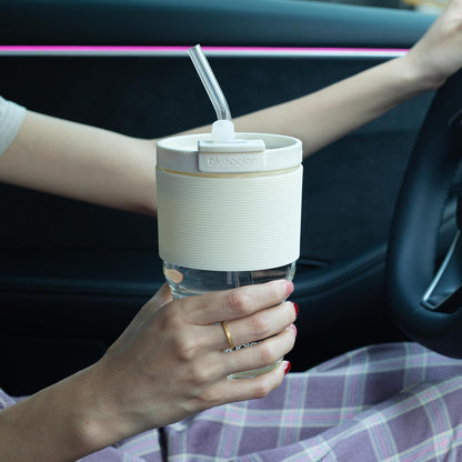 16oz/480ml Iced Coffee Cups With Lids And Straws,Reusable Leakproof Glass Tumbler,Water Bottles,Cold Brew,Drinking Jars For Juicing,Matcha,Tea,Smoothie For Travel,Office (Off-White)
