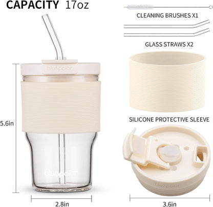 16oz/480ml Iced Coffee Cups With Lids And Straws,Reusable Leakproof Glass Tumbler,Water Bottles,Cold Brew,Drinking Jars For Juicing,Matcha,Tea,Smoothie For Travel,Office (Off-White)