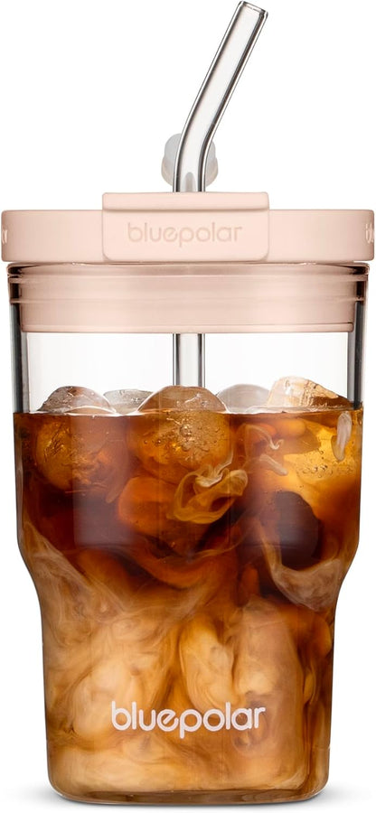 16oz/480ml Iced Coffee Cups With Lids And Straws,Reusable Leakproof Glass Tumbler,Water Bottles,Cold Brew,Drinking Jars For Juicing,Matcha,Tea,Smoothie For Travel,Office (Off-White)