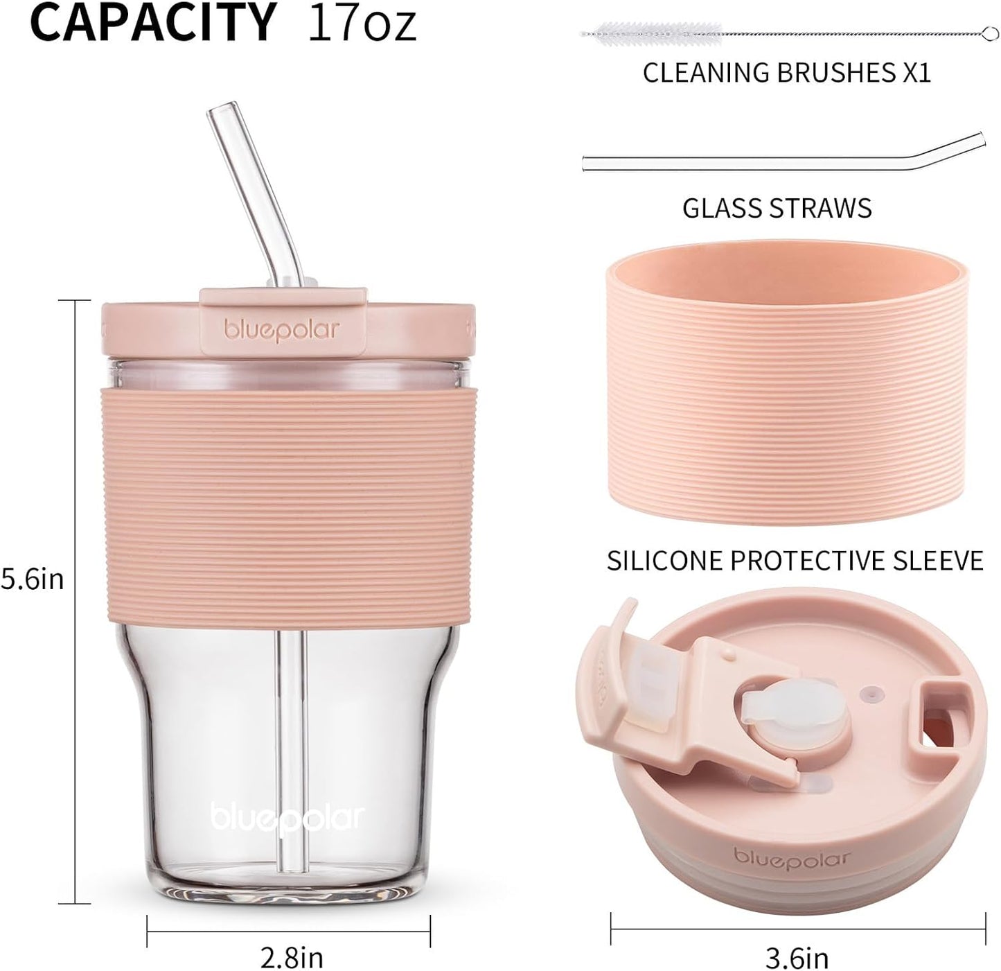 16oz/480ml Iced Coffee Cups With Lids And Straws,Reusable Leakproof Glass Tumbler,Water Bottles,Cold Brew,Drinking Jars For Juicing,Matcha,Tea,Smoothie For Travel,Office (Off-White)