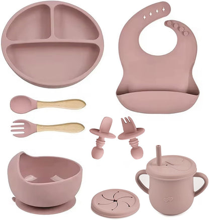 Silicone Baby Feeding Set, 9 PCS Baby Led Weaning Supplies, Self Feeding Utensils Divided Suction Plate with Lid and Bowl Set, Toddler Feeding Spoons Forks Sippy Cup and Bib, Eating Set for 6+ Months