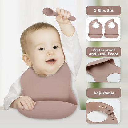 Silicone Baby Feeding Set, 9 PCS Baby Led Weaning Supplies, Self Feeding Utensils Divided Suction Plate with Lid and Bowl Set, Toddler Feeding Spoons Forks Sippy Cup and Bib, Eating Set for 6+ Months
