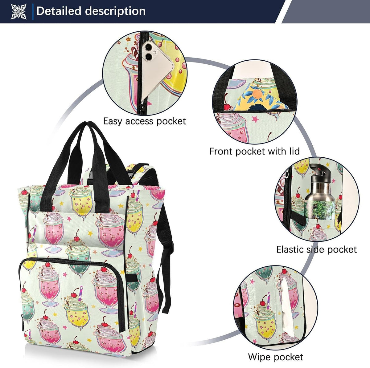 Diaper Bag Backpack, Multifunction Travel Bag for Moms Dads, Baby Changing Bag with Insulted Pockets, Stroller Straps and Side Bottle Pockets Decorative Drinks Pattern