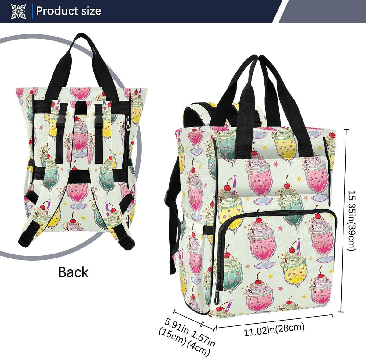 Diaper Bag Backpack, Multifunction Travel Bag for Moms Dads, Baby Changing Bag with Insulted Pockets, Stroller Straps and Side Bottle Pockets Decorative Drinks Pattern