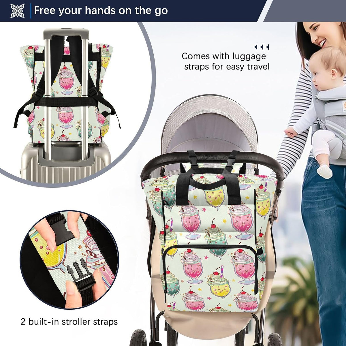Diaper Bag Backpack, Multifunction Travel Bag for Moms Dads, Baby Changing Bag with Insulted Pockets, Stroller Straps and Side Bottle Pockets Decorative Drinks Pattern