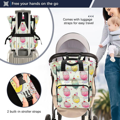 Diaper Bag Backpack, Multifunction Travel Bag for Moms Dads, Baby Changing Bag with Insulted Pockets, Stroller Straps and Side Bottle Pockets Decorative Drinks Pattern