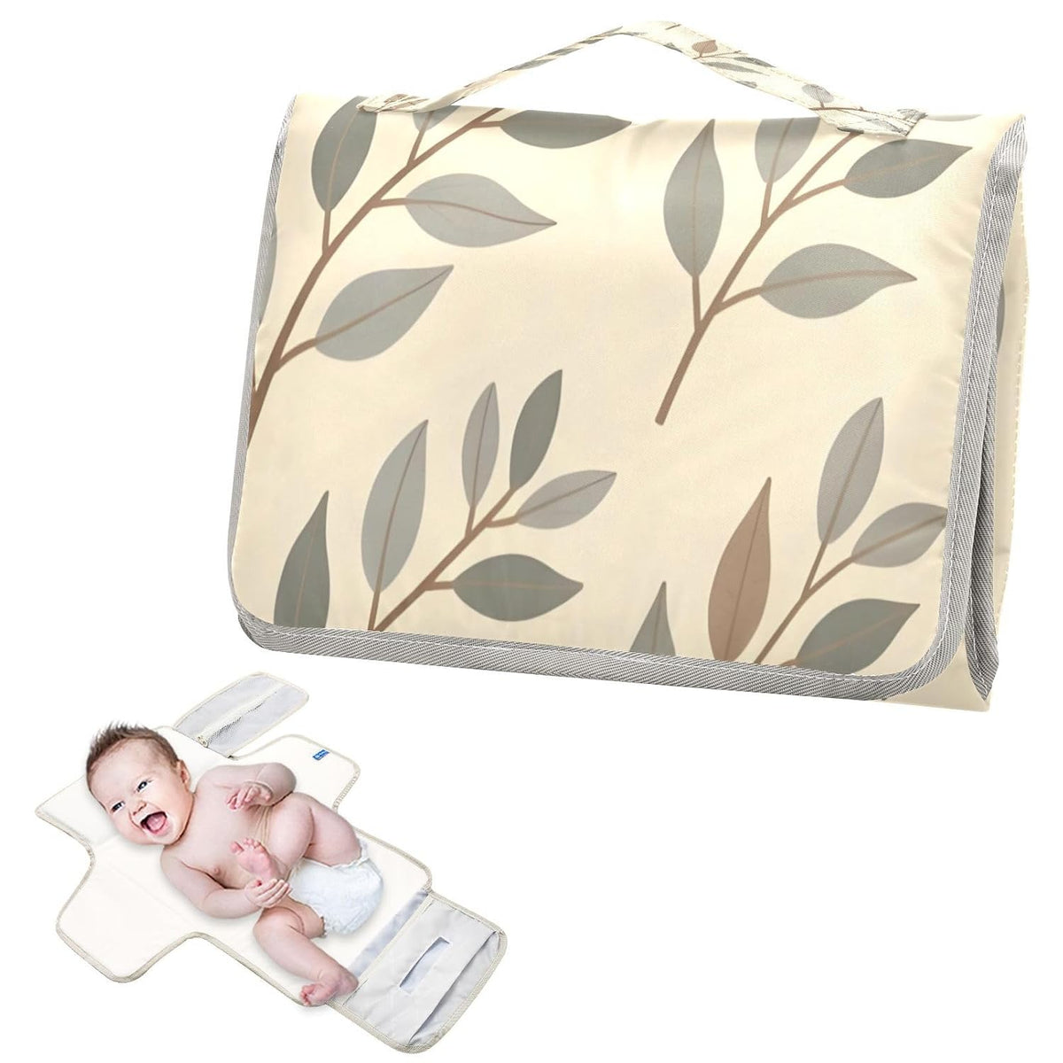 Beige Botanical Design Portable Diaper Changing Pad, Waterproof Baby Changing Mat with Storage Pocket & Built-in Pillow, Foldable Travel Pad, Newborn Gift Set for Boy Girl