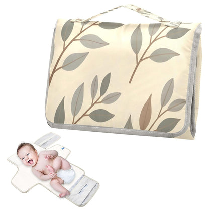 Beige Botanical Design Portable Diaper Changing Pad, Waterproof Baby Changing Mat with Storage Pocket & Built-in Pillow, Foldable Travel Pad, Newborn Gift Set for Boy Girl