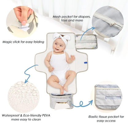 Beige Botanical Design Portable Diaper Changing Pad, Waterproof Baby Changing Mat with Storage Pocket & Built-in Pillow, Foldable Travel Pad, Newborn Gift Set for Boy Girl