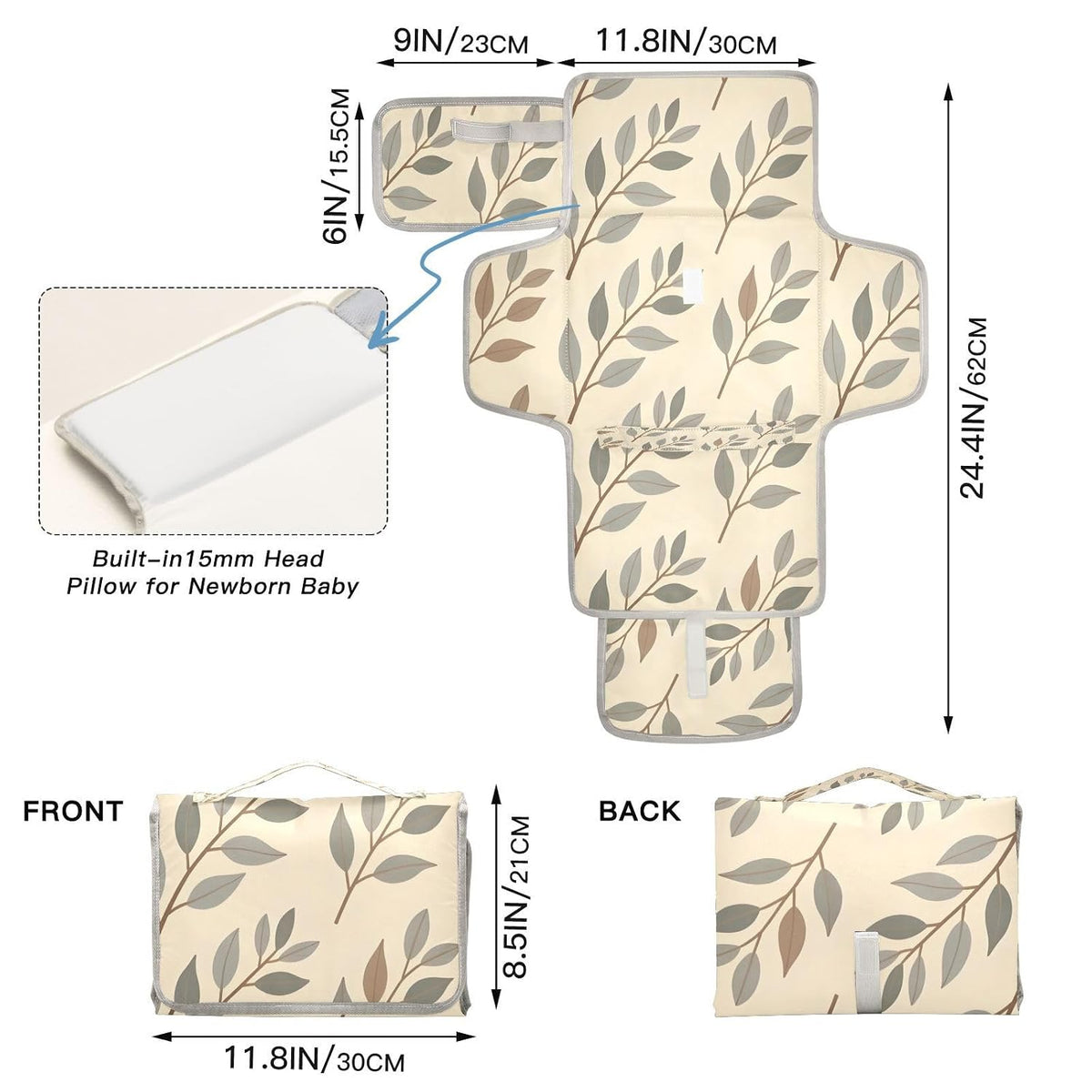 Beige Botanical Design Portable Diaper Changing Pad, Waterproof Baby Changing Mat with Storage Pocket & Built-in Pillow, Foldable Travel Pad, Newborn Gift Set for Boy Girl