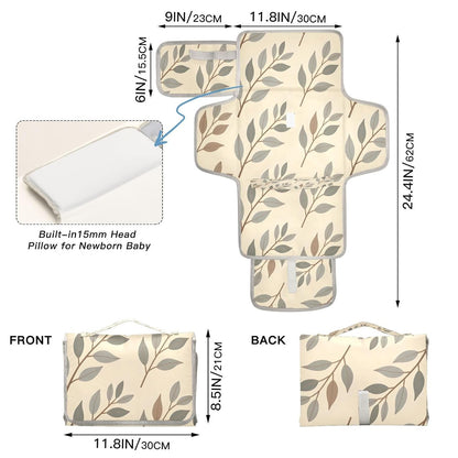 Beige Botanical Design Portable Diaper Changing Pad, Waterproof Baby Changing Mat with Storage Pocket & Built-in Pillow, Foldable Travel Pad, Newborn Gift Set for Boy Girl
