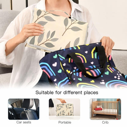 Beige Botanical Design Portable Diaper Changing Pad, Waterproof Baby Changing Mat with Storage Pocket & Built-in Pillow, Foldable Travel Pad, Newborn Gift Set for Boy Girl