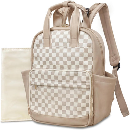 Small Diaper Bag - Baby Diaper Bag Backpack Checkered Diaper Bag with Changing Pad Baby Backpack for Travel Daycare Mommy Diaper Backpack Pañaleras Para Bebe for Mom & Dad-White&Beige