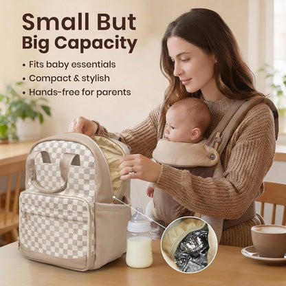 Small Diaper Bag - Baby Diaper Bag Backpack Checkered Diaper Bag with Changing Pad Baby Backpack for Travel Daycare Mommy Diaper Backpack Pañaleras Para Bebe for Mom & Dad-White&Beige