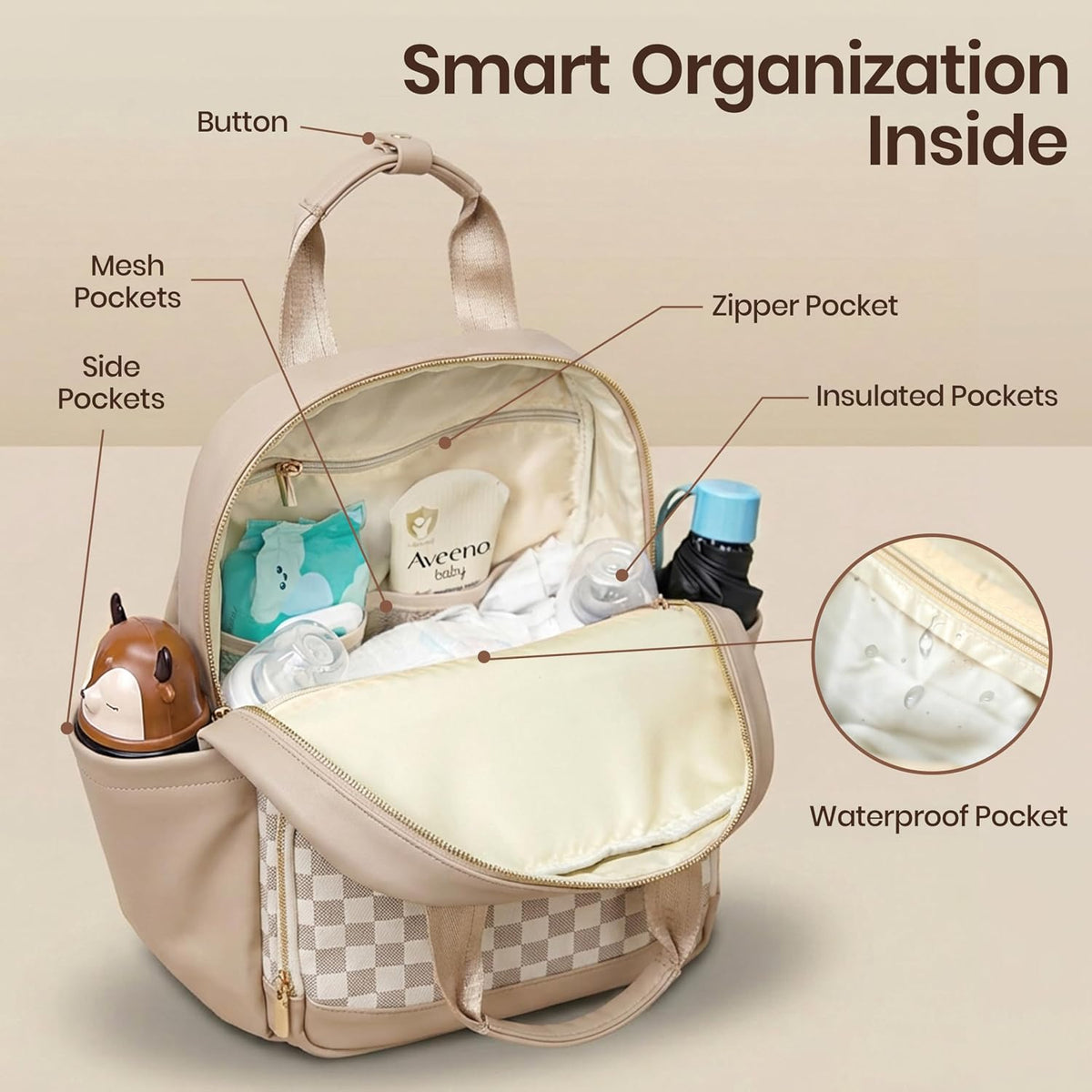 Small Diaper Bag - Baby Diaper Bag Backpack Checkered Diaper Bag with Changing Pad Baby Backpack for Travel Daycare Mommy Diaper Backpack Pañaleras Para Bebe for Mom & Dad-White&Beige