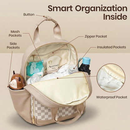 Small Diaper Bag - Baby Diaper Bag Backpack Checkered Diaper Bag with Changing Pad Baby Backpack for Travel Daycare Mommy Diaper Backpack Pañaleras Para Bebe for Mom & Dad-White&Beige