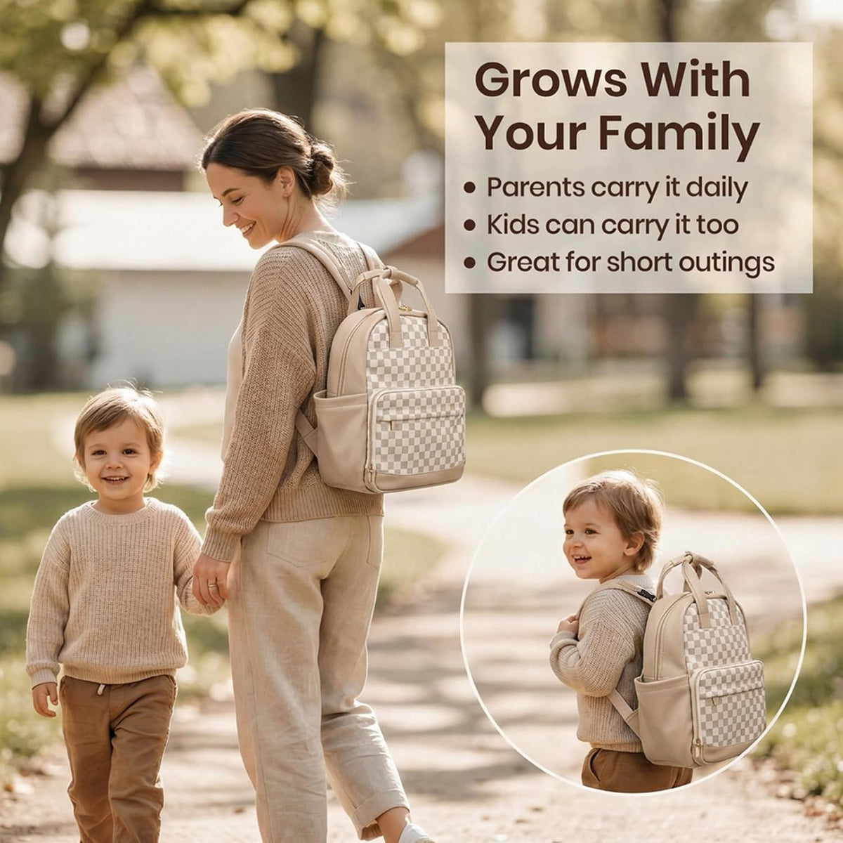 Small Diaper Bag - Baby Diaper Bag Backpack Checkered Diaper Bag with Changing Pad Baby Backpack for Travel Daycare Mommy Diaper Backpack Pañaleras Para Bebe for Mom & Dad-White&Beige