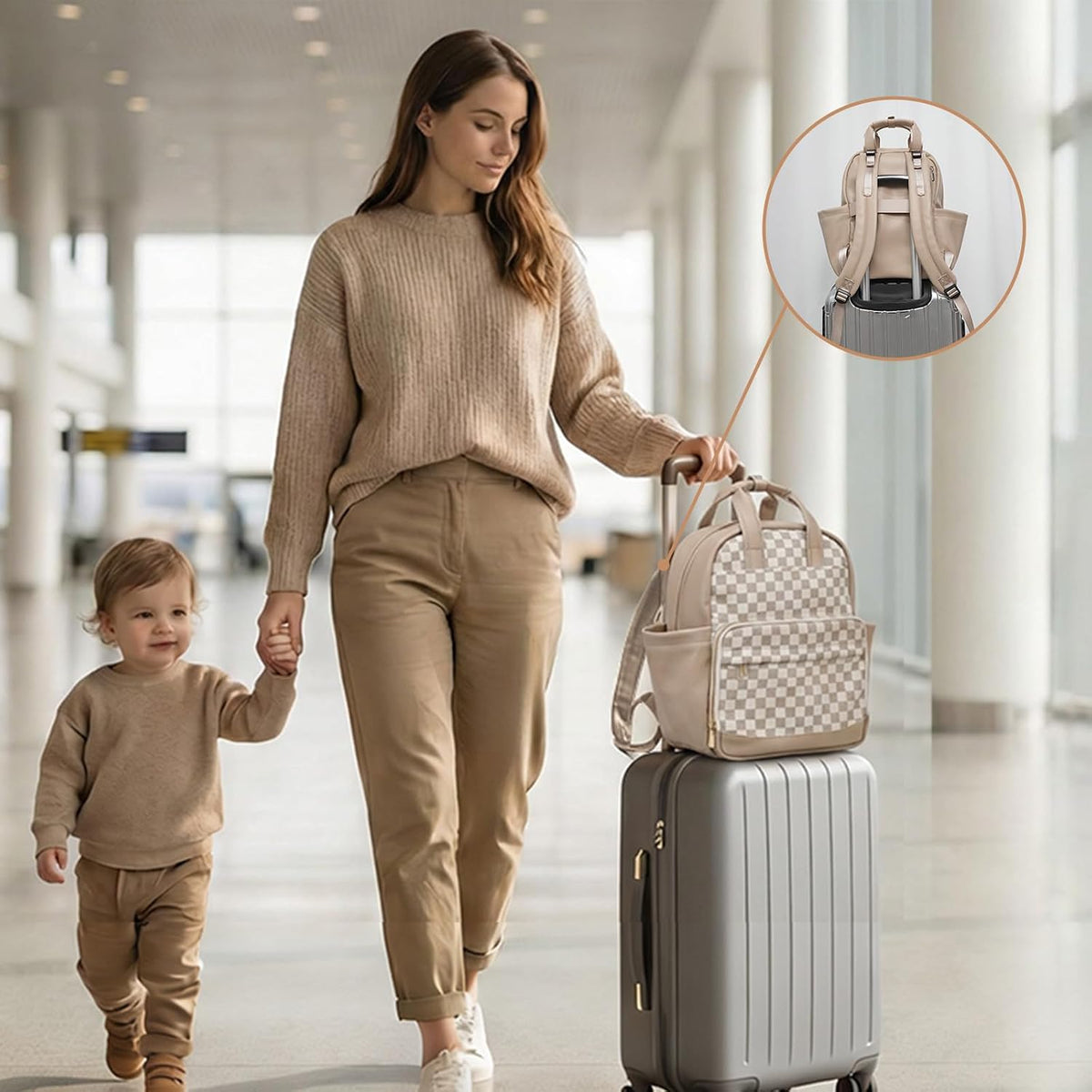 Small Diaper Bag - Baby Diaper Bag Backpack Checkered Diaper Bag with Changing Pad Baby Backpack for Travel Daycare Mommy Diaper Backpack Pañaleras Para Bebe for Mom & Dad-White&Beige