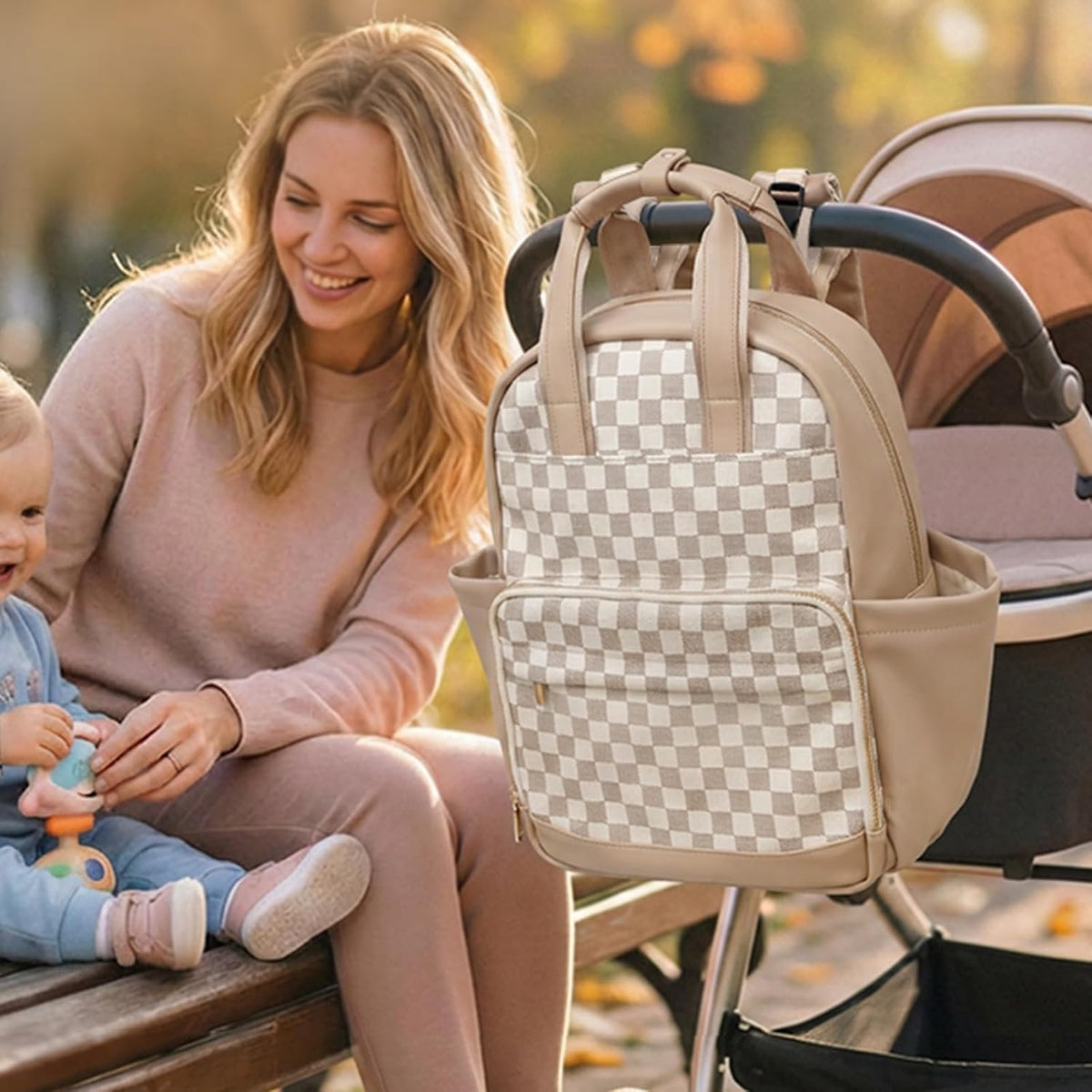 Small Diaper Bag - Baby Diaper Bag Backpack Checkered Diaper Bag with Changing Pad Baby Backpack for Travel Daycare Mommy Diaper Backpack Pañaleras Para Bebe for Mom & Dad-White&Beige