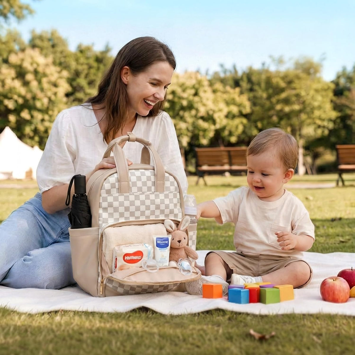 Small Diaper Bag - Baby Diaper Bag Backpack Checkered Diaper Bag with Changing Pad Baby Backpack for Travel Daycare Mommy Diaper Backpack Pañaleras Para Bebe for Mom & Dad-White&Beige