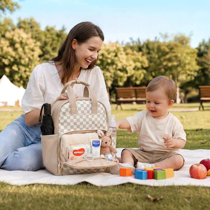 Small Diaper Bag - Baby Diaper Bag Backpack Checkered Diaper Bag with Changing Pad Baby Backpack for Travel Daycare Mommy Diaper Backpack Pañaleras Para Bebe for Mom & Dad-White&Beige