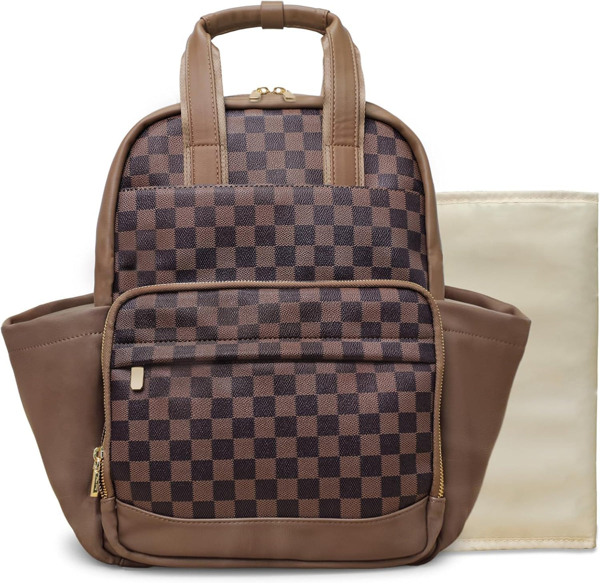 Small Diaper Bag - Baby Diaper Bag Backpack Checkered Diaper Bag with Changing Pad Baby Backpack for Travel Daycare Mommy Diaper Backpack Pañaleras Para Bebe for Mom & Dad-White&Beige