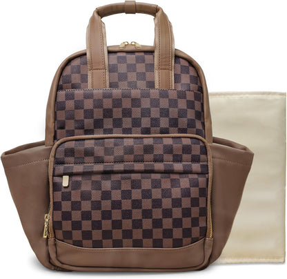 Small Diaper Bag - Baby Diaper Bag Backpack Checkered Diaper Bag with Changing Pad Baby Backpack for Travel Daycare Mommy Diaper Backpack Pañaleras Para Bebe for Mom & Dad-White&Beige