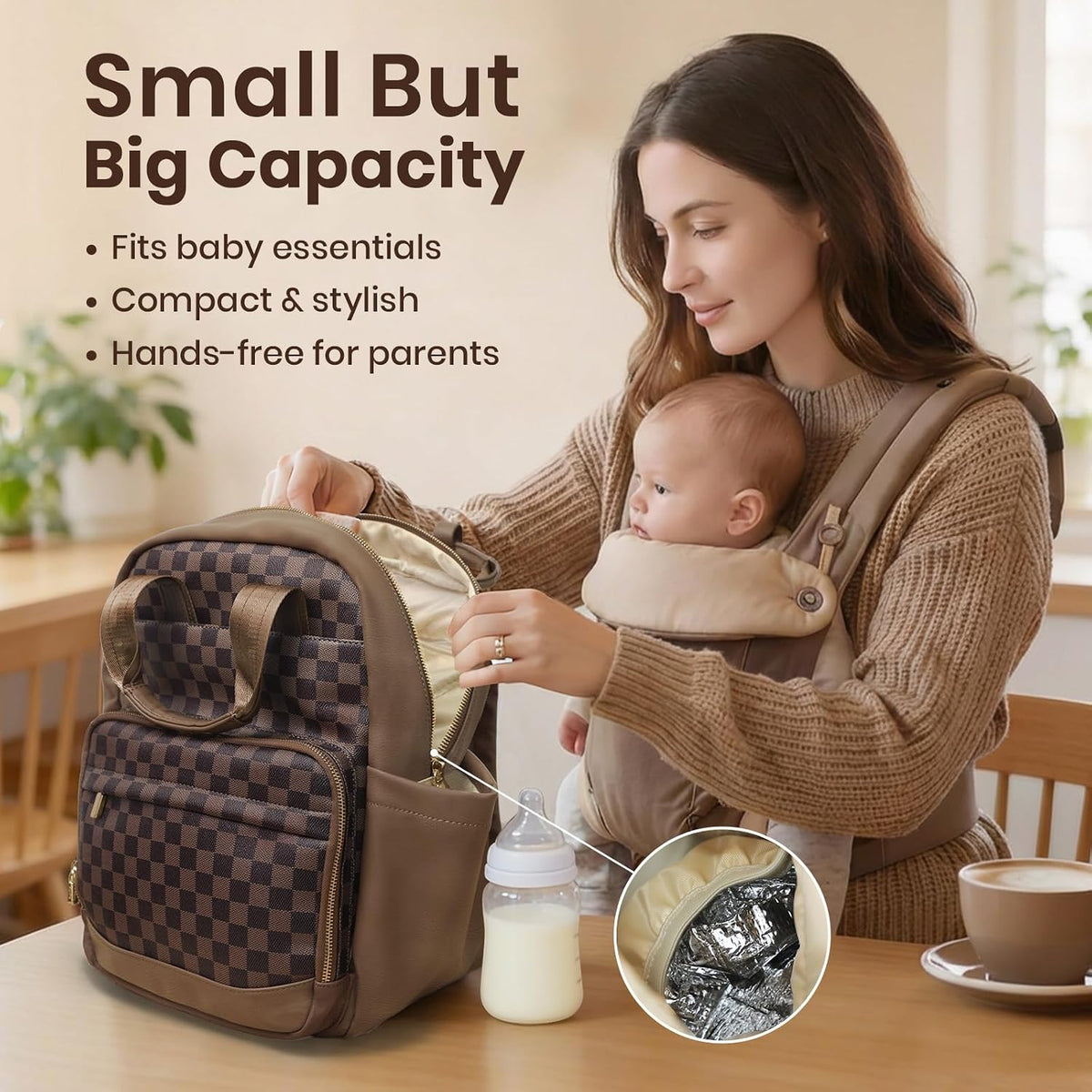 Small Diaper Bag - Baby Diaper Bag Backpack Checkered Diaper Bag with Changing Pad Baby Backpack for Travel Daycare Mommy Diaper Backpack Pañaleras Para Bebe for Mom & Dad-White&Beige