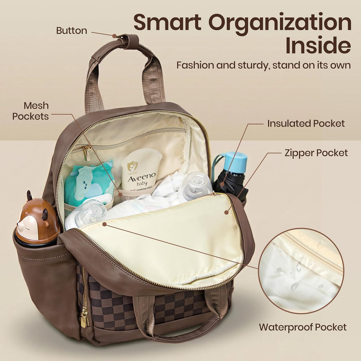 Small Diaper Bag - Baby Diaper Bag Backpack Checkered Diaper Bag with Changing Pad Baby Backpack for Travel Daycare Mommy Diaper Backpack Pañaleras Para Bebe for Mom & Dad-White&Beige