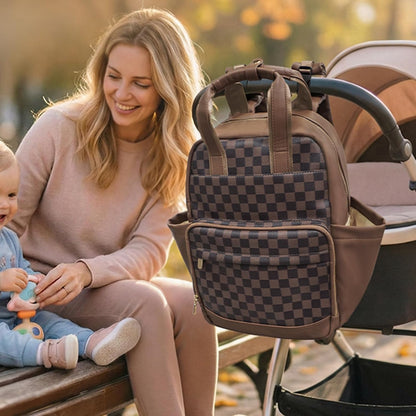 Small Diaper Bag - Baby Diaper Bag Backpack Checkered Diaper Bag with Changing Pad Baby Backpack for Travel Daycare Mommy Diaper Backpack Pañaleras Para Bebe for Mom & Dad-White&Beige