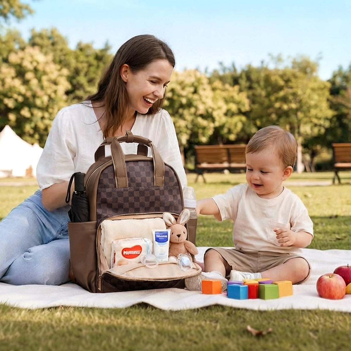 Small Diaper Bag - Baby Diaper Bag Backpack Checkered Diaper Bag with Changing Pad Baby Backpack for Travel Daycare Mommy Diaper Backpack Pañaleras Para Bebe for Mom & Dad-White&Beige