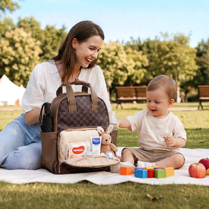 Small Diaper Bag - Baby Diaper Bag Backpack Checkered Diaper Bag with Changing Pad Baby Backpack for Travel Daycare Mommy Diaper Backpack Pañaleras Para Bebe for Mom & Dad-White&Beige