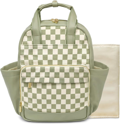 Small Diaper Bag - Baby Diaper Bag Backpack Checkered Diaper Bag with Changing Pad Baby Backpack for Travel Daycare Mommy Diaper Backpack Pañaleras Para Bebe for Mom & Dad-White&Beige