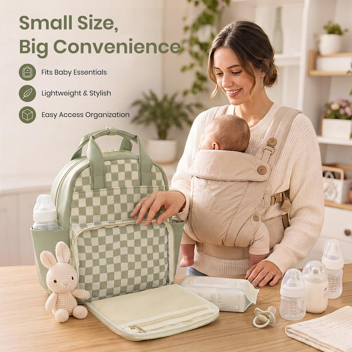 Small Diaper Bag - Baby Diaper Bag Backpack Checkered Diaper Bag with Changing Pad Baby Backpack for Travel Daycare Mommy Diaper Backpack Pañaleras Para Bebe for Mom & Dad-White&Beige