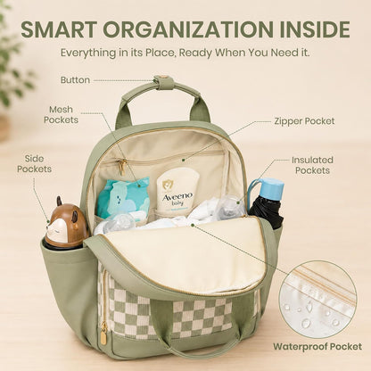 Small Diaper Bag - Baby Diaper Bag Backpack Checkered Diaper Bag with Changing Pad Baby Backpack for Travel Daycare Mommy Diaper Backpack Pañaleras Para Bebe for Mom & Dad-White&Beige