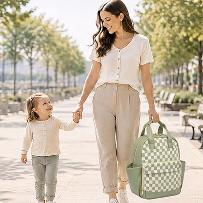 Small Diaper Bag - Baby Diaper Bag Backpack Checkered Diaper Bag with Changing Pad Baby Backpack for Travel Daycare Mommy Diaper Backpack Pañaleras Para Bebe for Mom & Dad-White&Beige