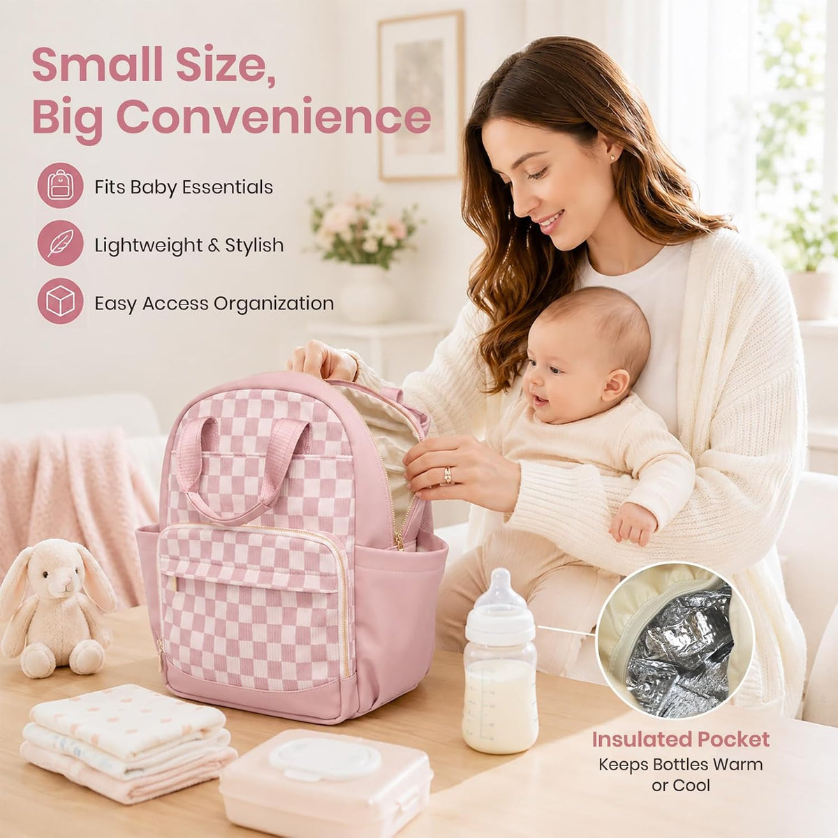 Small Diaper Bag - Baby Diaper Bag Backpack Checkered Diaper Bag with Changing Pad Baby Backpack for Travel Daycare Mommy Diaper Backpack Pañaleras Para Bebe for Mom & Dad-White&Beige
