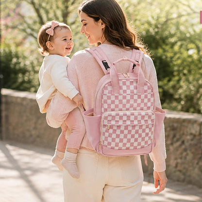 Small Diaper Bag - Baby Diaper Bag Backpack Checkered Diaper Bag with Changing Pad Baby Backpack for Travel Daycare Mommy Diaper Backpack Pañaleras Para Bebe for Mom & Dad-White&Beige