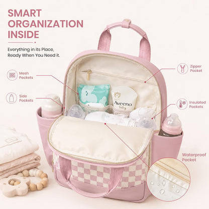 Small Diaper Bag - Baby Diaper Bag Backpack Checkered Diaper Bag with Changing Pad Baby Backpack for Travel Daycare Mommy Diaper Backpack Pañaleras Para Bebe for Mom & Dad-White&Beige
