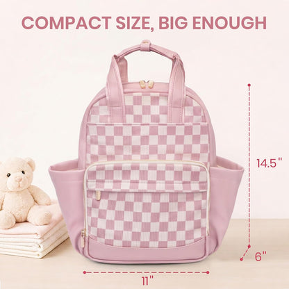 Small Diaper Bag - Baby Diaper Bag Backpack Checkered Diaper Bag with Changing Pad Baby Backpack for Travel Daycare Mommy Diaper Backpack Pañaleras Para Bebe for Mom & Dad-White&Beige