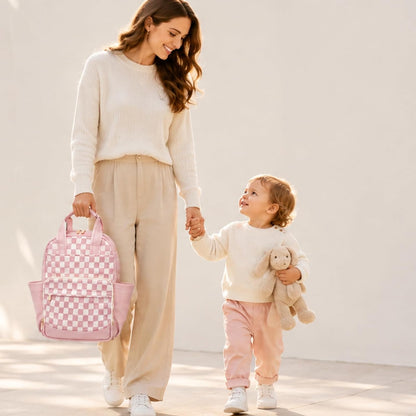 Small Diaper Bag - Baby Diaper Bag Backpack Checkered Diaper Bag with Changing Pad Baby Backpack for Travel Daycare Mommy Diaper Backpack Pañaleras Para Bebe for Mom & Dad-White&Beige