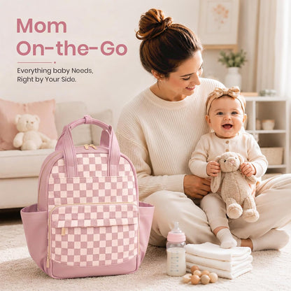 Small Diaper Bag - Baby Diaper Bag Backpack Checkered Diaper Bag with Changing Pad Baby Backpack for Travel Daycare Mommy Diaper Backpack Pañaleras Para Bebe for Mom & Dad-White&Beige