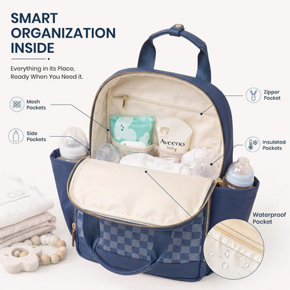 Small Diaper Bag - Baby Diaper Bag Backpack Checkered Diaper Bag with Changing Pad Baby Backpack for Travel Daycare Mommy Diaper Backpack Pañaleras Para Bebe for Mom & Dad-White&Beige