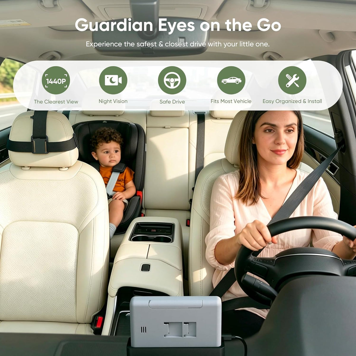 5" 1440P Baby Car Camera, Clearest Monitor, 360° Rotating Wide View