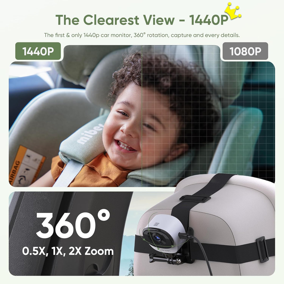 5" 1440P Baby Car Camera, Clearest Monitor, 360° Rotating Wide View