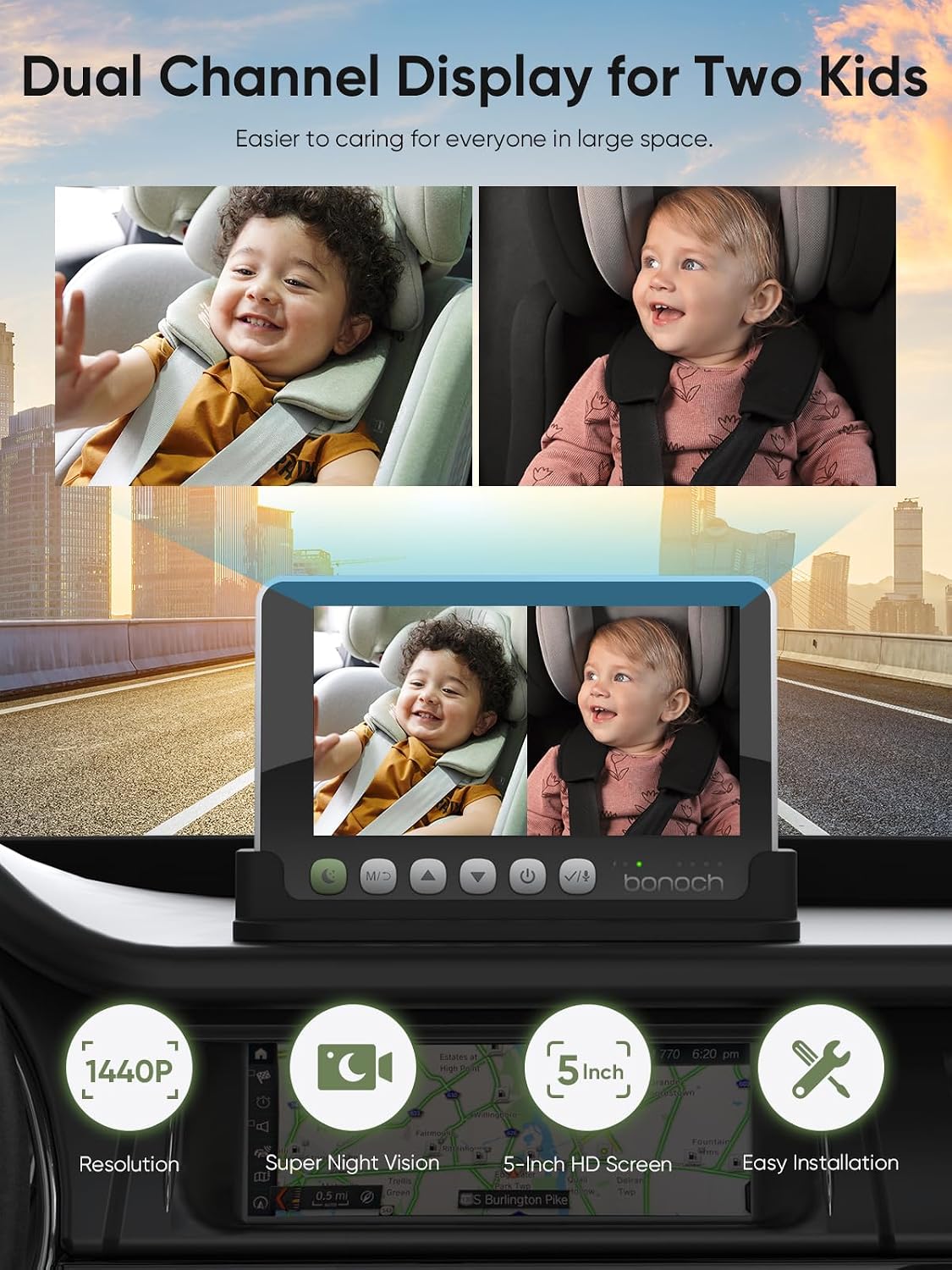 5" 1440P Baby Car Camera, Clearest Monitor, 360° Rotating Wide View
