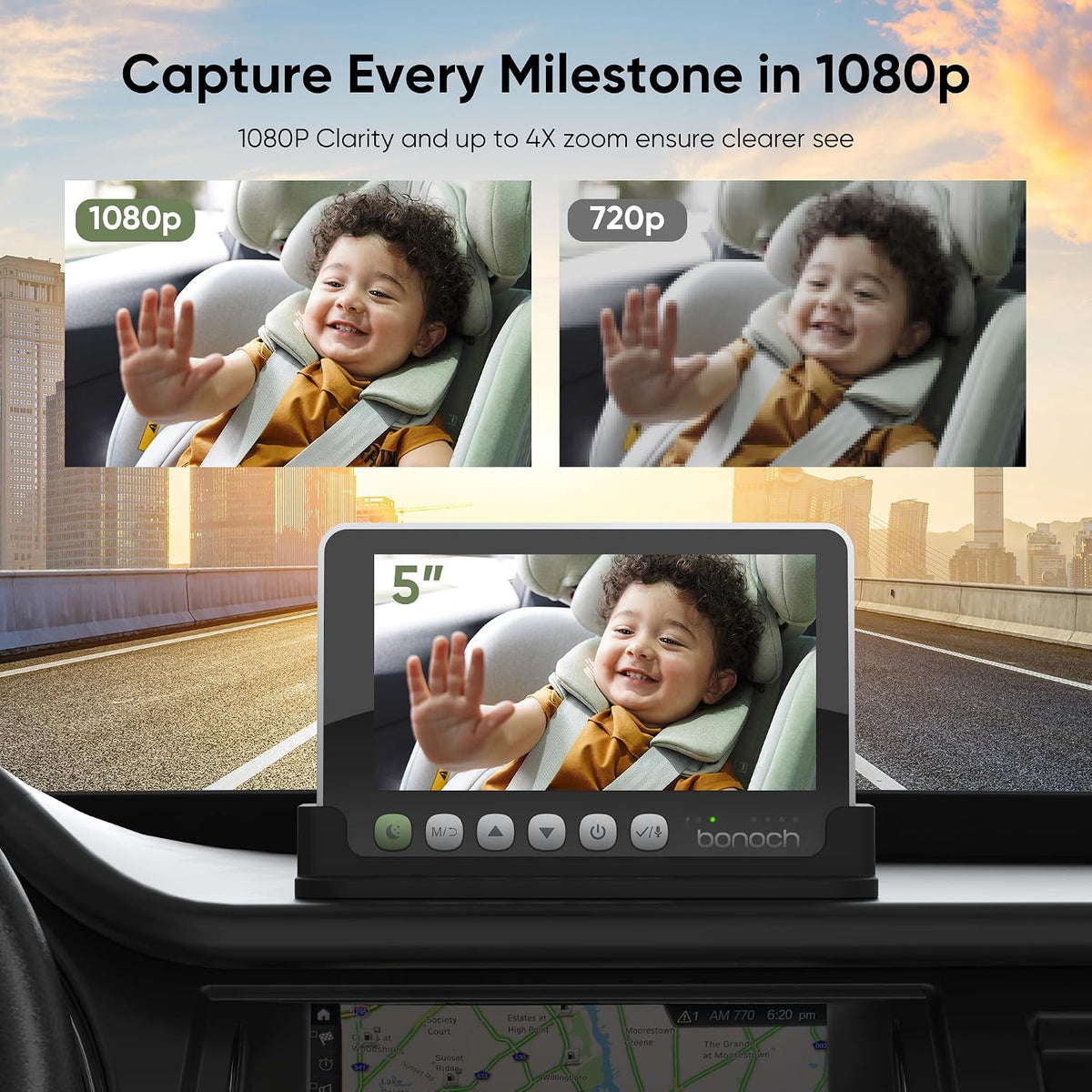 5" 1440P Baby Car Camera, Clearest Monitor, 360° Rotating Wide View